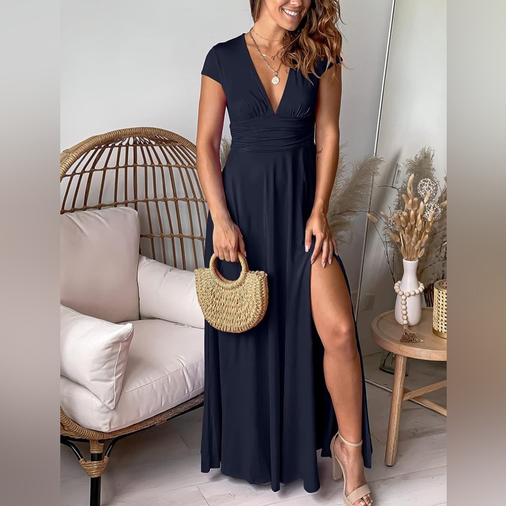 Deep V Neck Short Sleeve Long Dress High Waist Slit